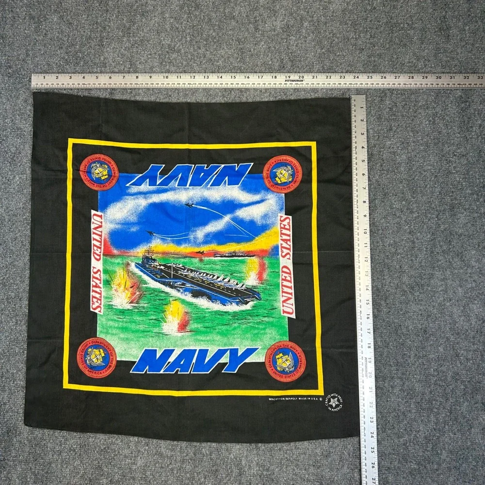 Vintage US Navy Bandana Aircraft Carrier Fighter Jet Black USA Made Cotton Poly